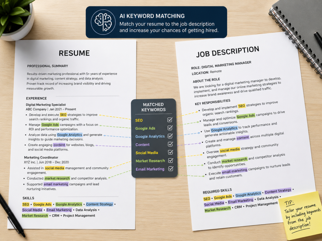 AI matching resume keywords to a job description side by side.