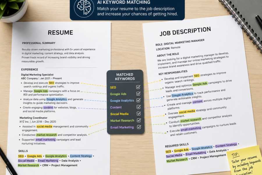 AI matching resume keywords to a job description side by side.