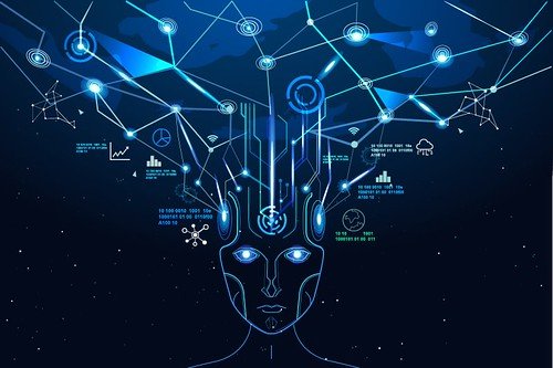 AI-powered productivity concept with a digital human face connected to networks and technology