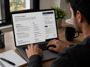 AI assistant suggesting resume bullet point improvements on a laptop