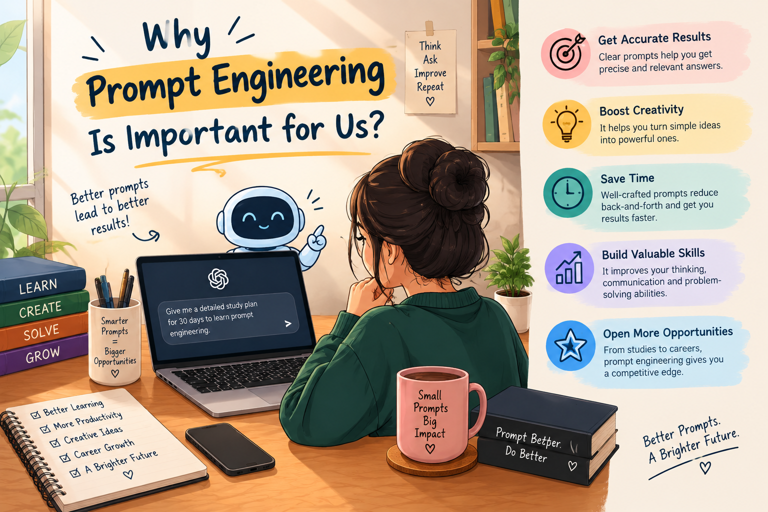 Prompt engineering helps us communicate effectively with AI, get better results, save time, boost creativity, and develop valuable future-ready skills. 