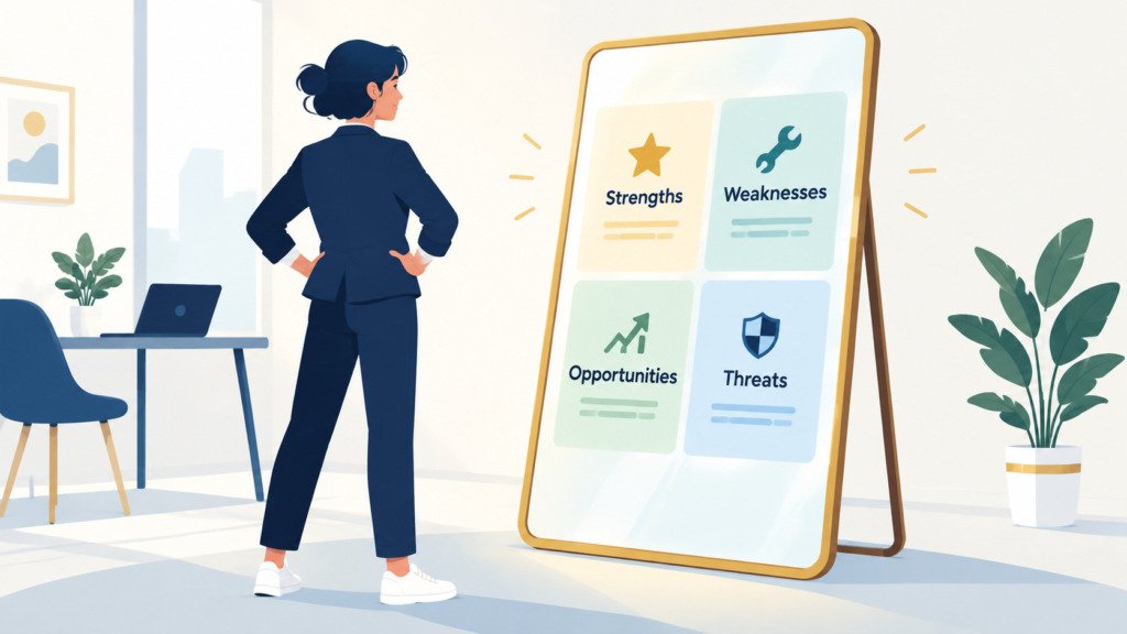 A woman looking at a mirror showing a personal swot analysis for career decisions with strengths, weaknesses, opportunities, and threats.